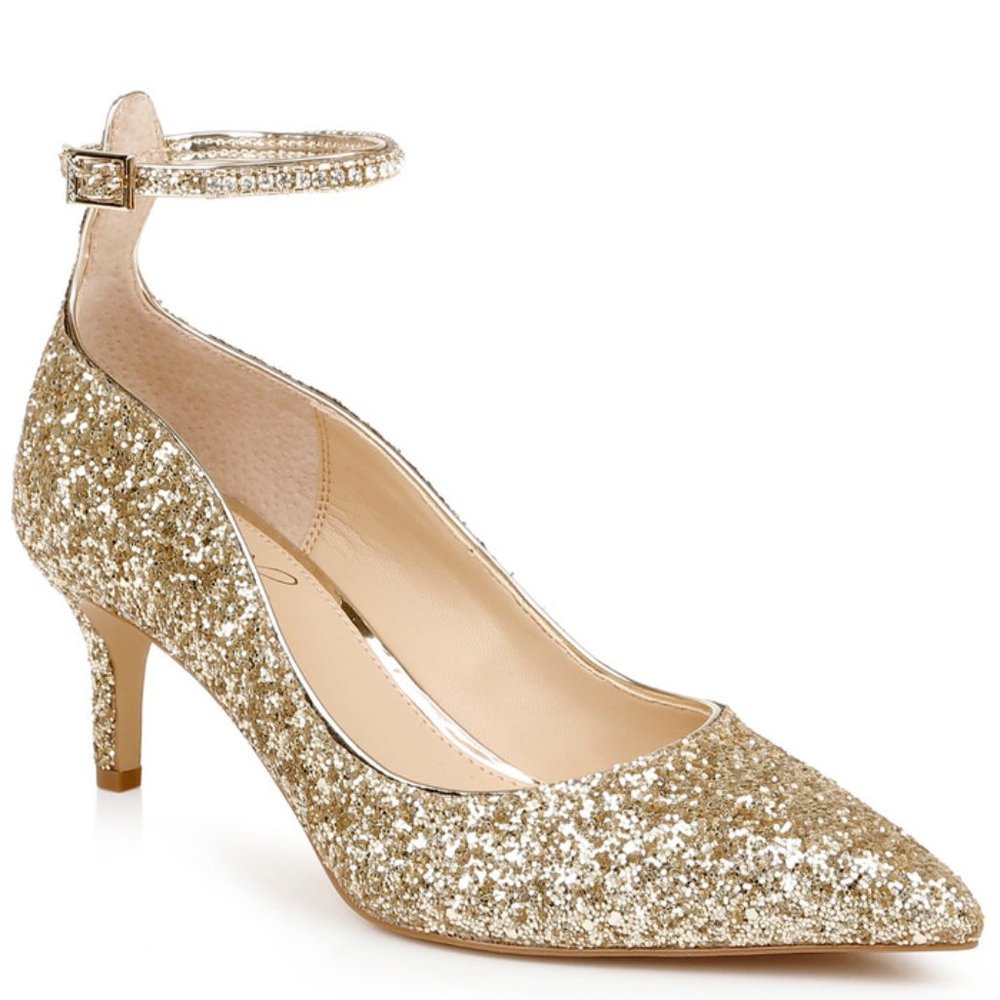 Jewel Badgley Mischka Jamila Size 5.5 Gold Glitter Kitten Heel Pumps